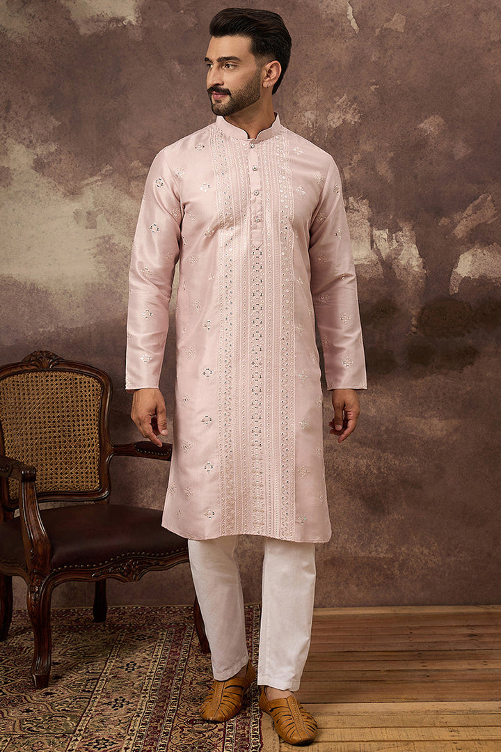 Pink Silk Blend Solid Embroidered Straight Kurta | SHOBITAM