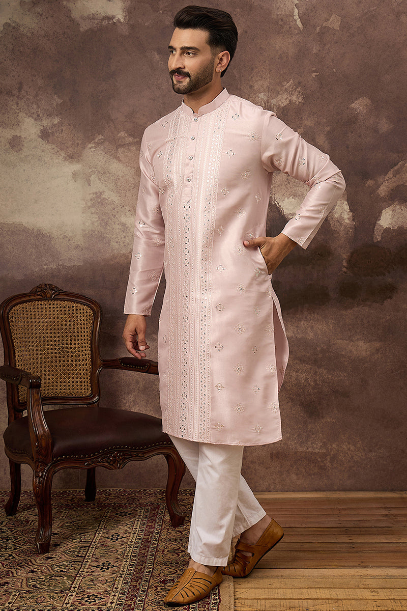 Pink Silk Blend Solid Embroidered Straight Kurta | SHOBITAM