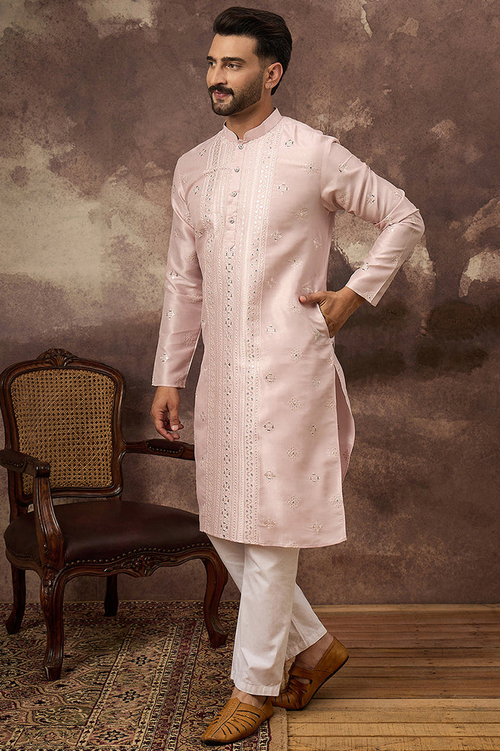 Pink Silk Blend Solid Embroidered Straight Kurta | SHOBITAM