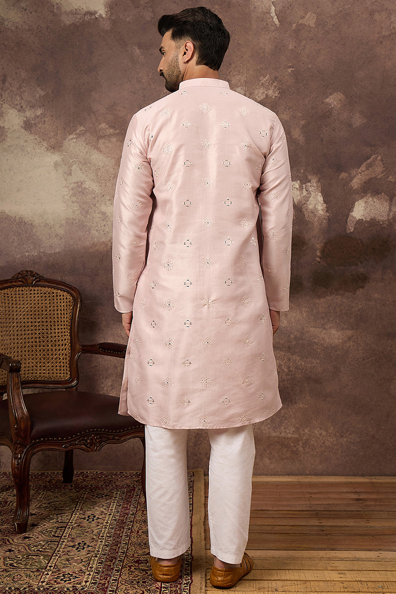 Pink Silk Blend Solid Embroidered Straight Kurta | SHOBITAM