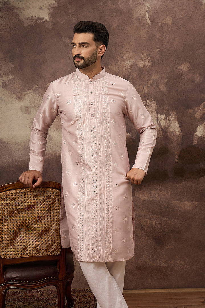 Pink Silk Blend Solid Embroidered Straight Kurta | SHOBITAM
