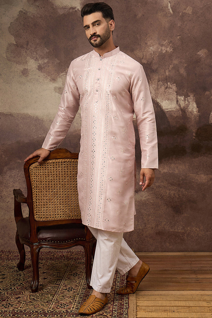 Pink Silk Blend Solid Embroidered Straight Kurta | SHOBITAM