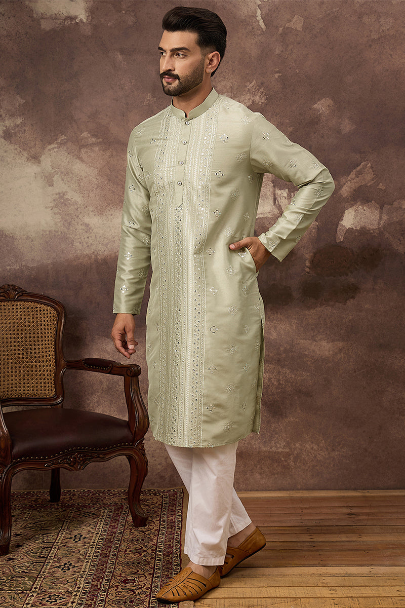 Green Silk Blend Solid Embroidered Straight Kurta | SHOBITAM