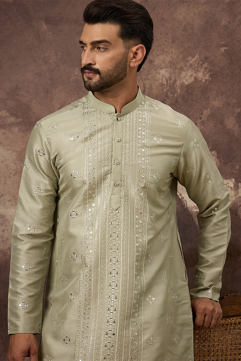 Green Silk Blend Solid Embroidered Straight Kurta With Pant Set | SHOBITAM