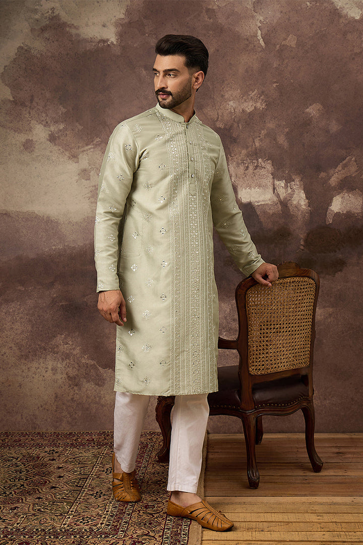Green Silk Blend Solid Embroidered Straight Kurta | SHOBITAM