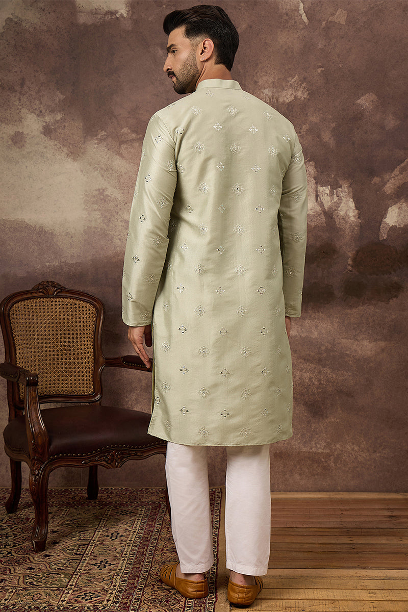 Green Silk Blend Solid Embroidered Straight Kurta With Pant Set | SHOBITAM