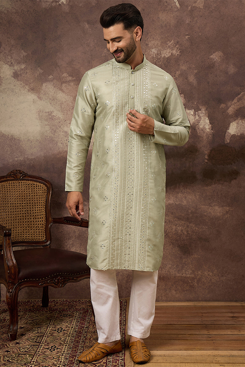 Green Silk Blend Solid Embroidered Straight Kurta With Pant Set | SHOBITAM