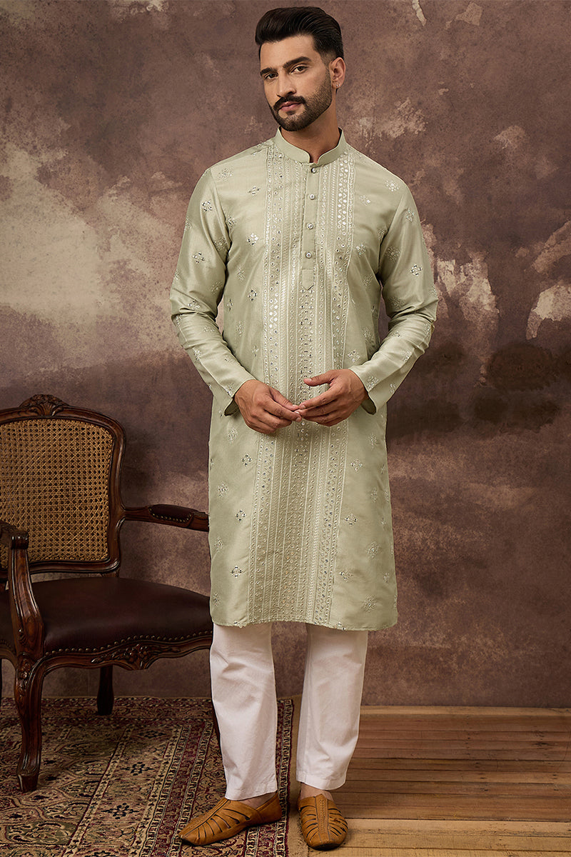 Green Silk Blend Solid Embroidered Straight Kurta | SHOBITAM
