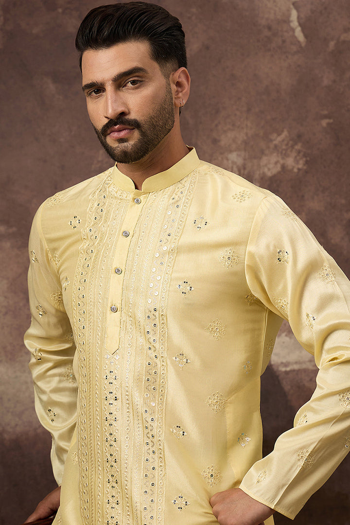 Yellow Silk Blend Solid Embroidered Straight Kurta | SHOBITAM
