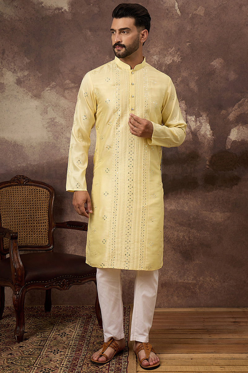 Yellow Silk Blend Solid Embroidered Straight Kurta | SHOBITAM