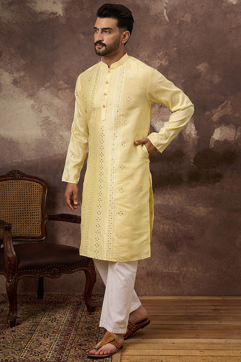 Yellow Silk Blend Solid Embroidered Straight Kurta | SHOBITAM