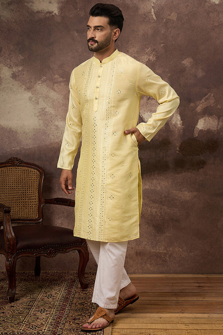 Yellow Silk Blend Solid Embroidered Straight Kurta | SHOBITAM