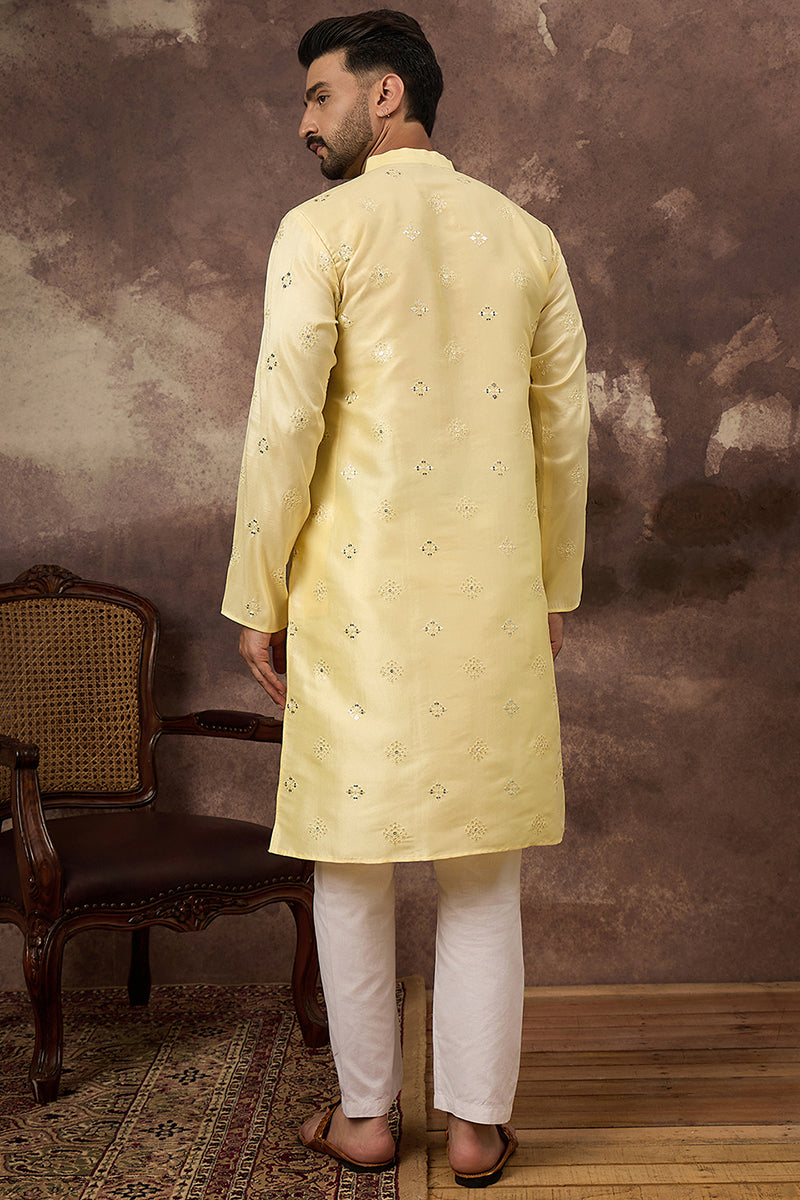 Yellow Silk Blend Solid Embroidered Straight Kurta | SHOBITAM