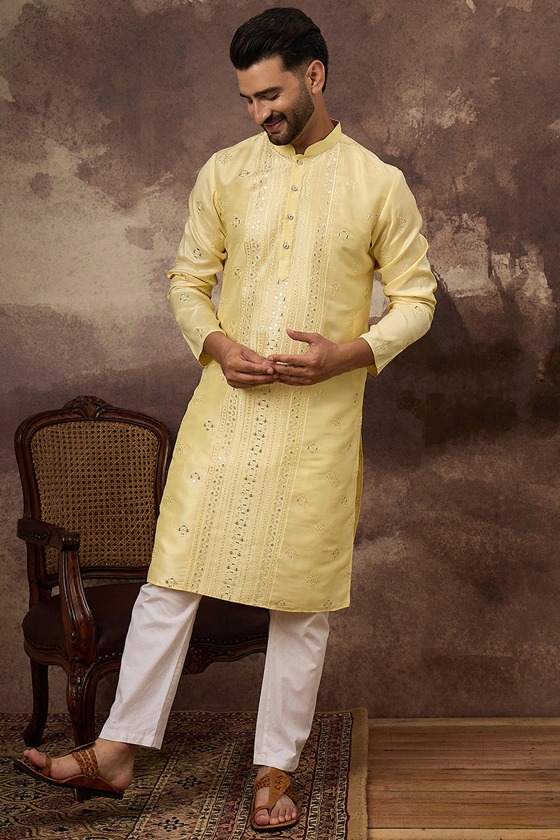 Yellow Silk Blend Solid Embroidered Straight Kurta | SHOBITAM