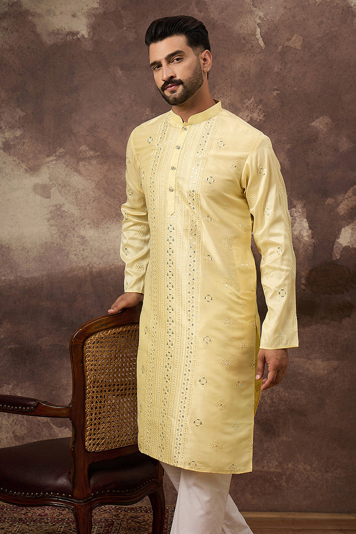 Yellow Silk Blend Solid Embroidered Straight Kurta | SHOBITAM