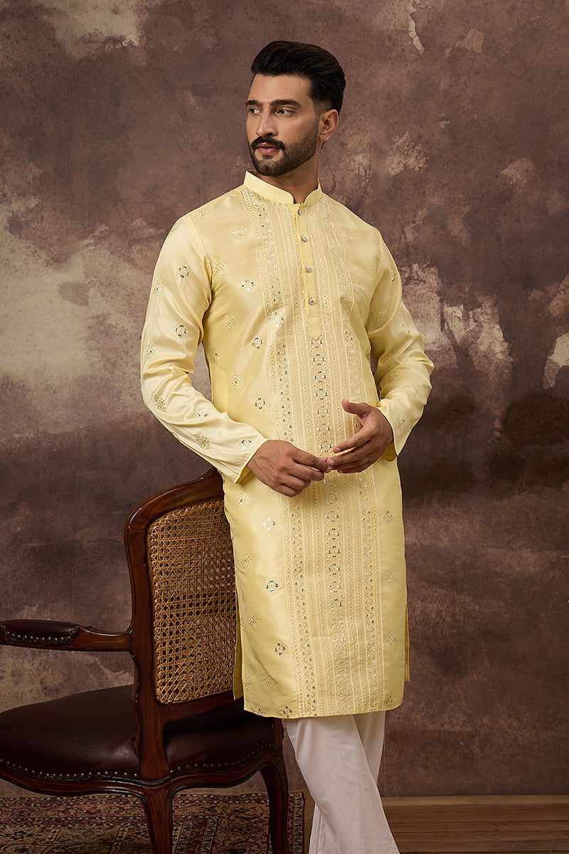Yellow Silk Blend Solid Embroidered Straight Kurta | SHOBITAM