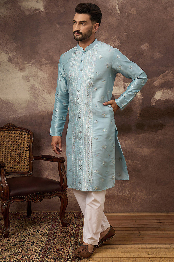 Blue Silk Blend Solid Embroidered Straight Kurta | SHOBITAM