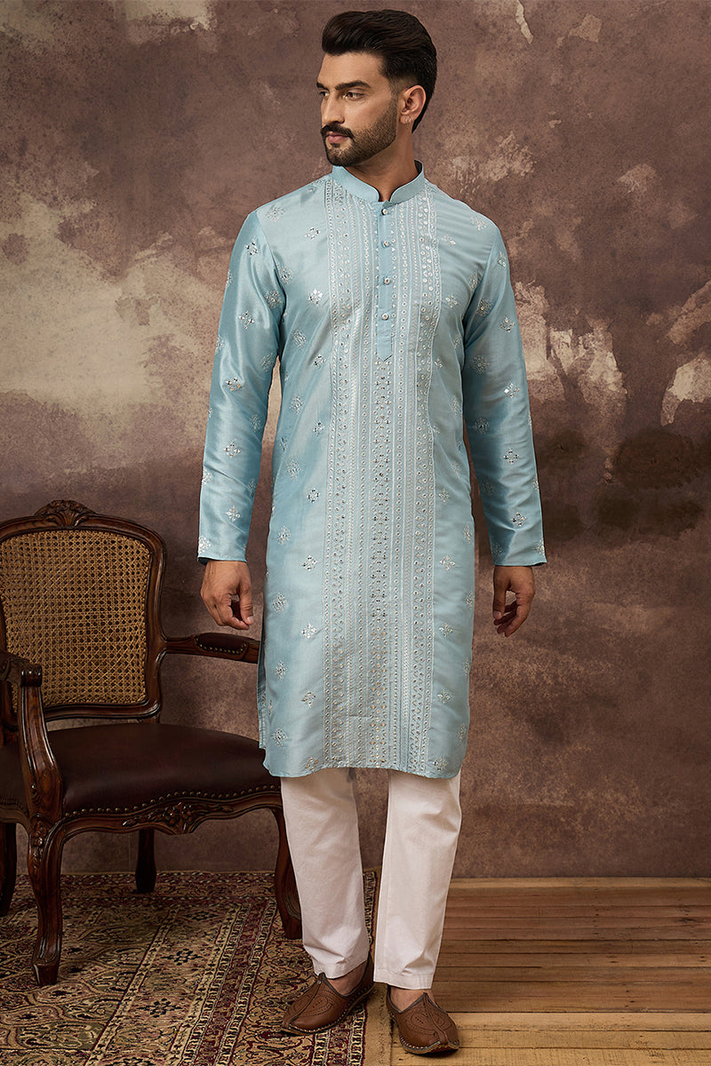 Blue Silk Blend Solid Embroidered Straight Kurta With Pant Set | SHOBITAM