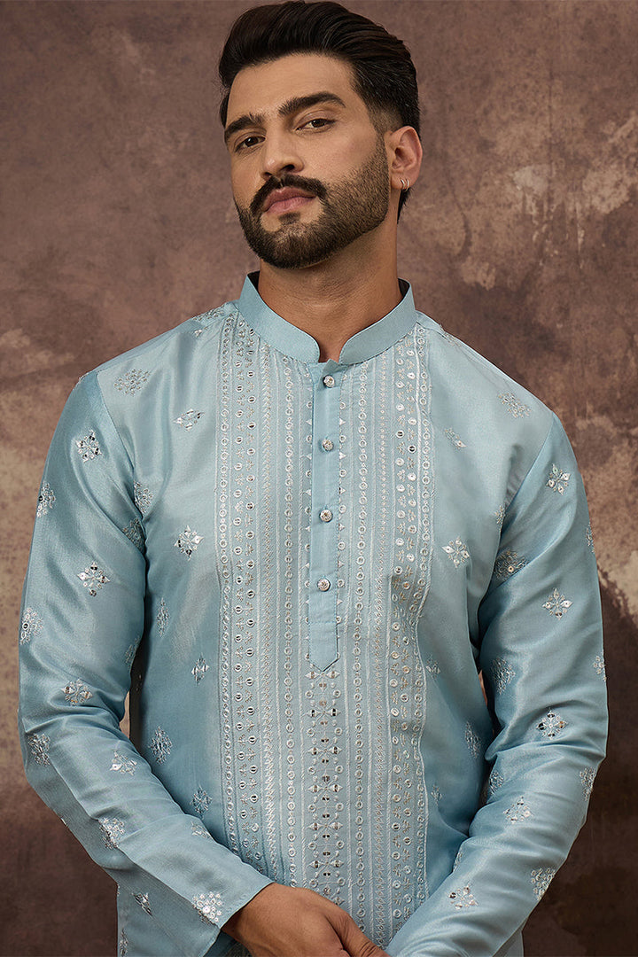 Blue Silk Blend Solid Embroidered Straight Kurta | SHOBITAM