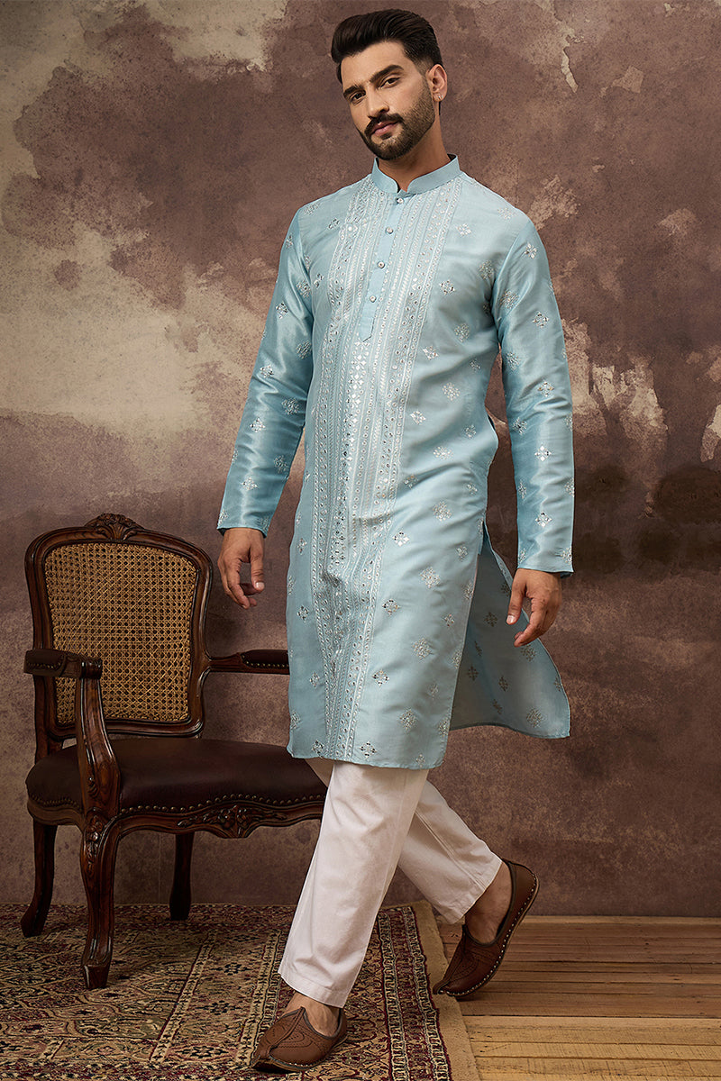 Blue Silk Blend Solid Embroidered Straight Kurta With Pant Set | SHOBITAM