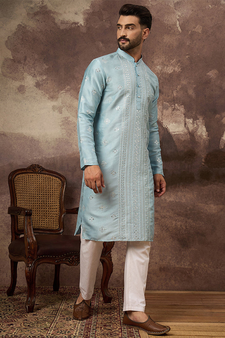 Blue Silk Blend Solid Embroidered Straight Kurta | SHOBITAM