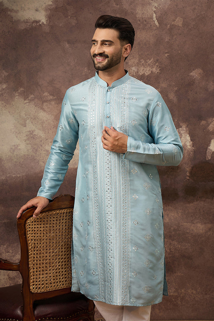 Blue Silk Blend Solid Embroidered Straight Kurta With Pant Set | SHOBITAM