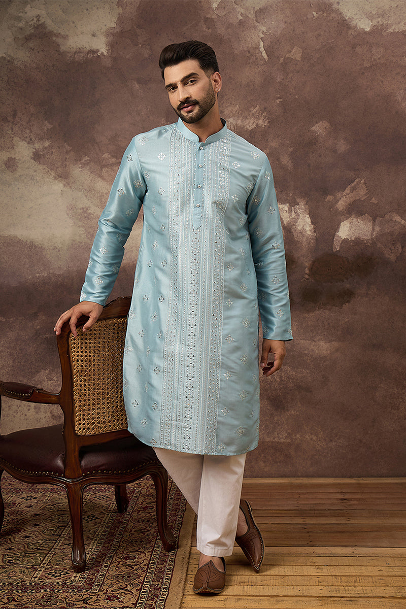 Blue Silk Blend Solid Embroidered Straight Kurta With Pant Set | SHOBITAM