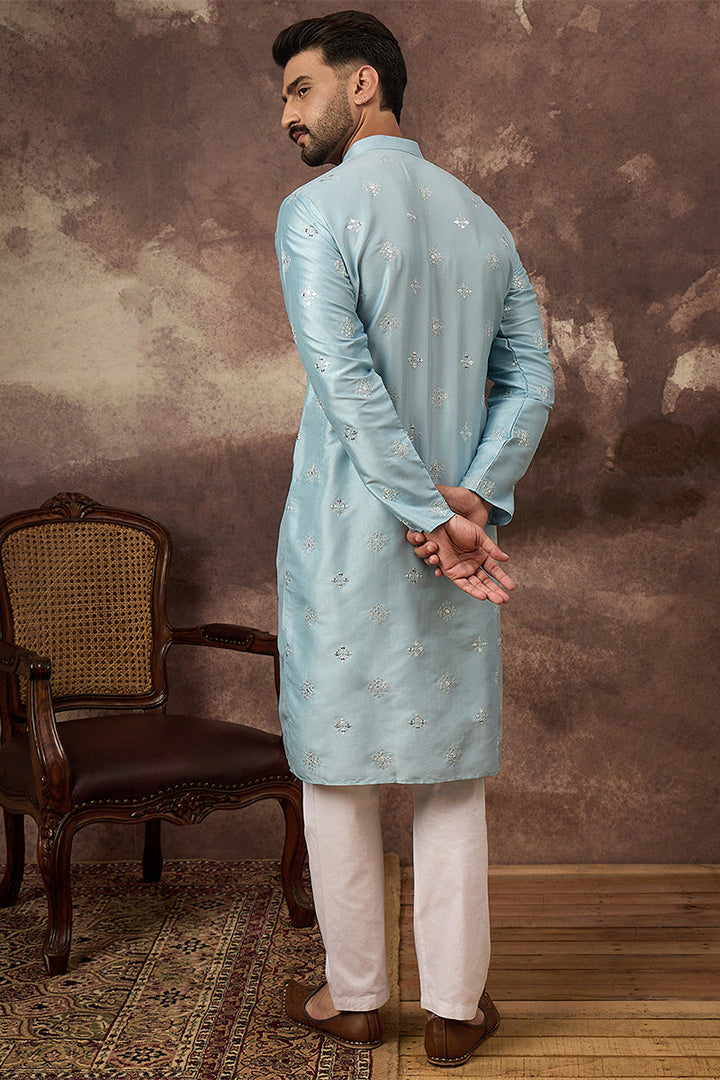 Blue Silk Blend Solid Embroidered Straight Kurta | SHOBITAM