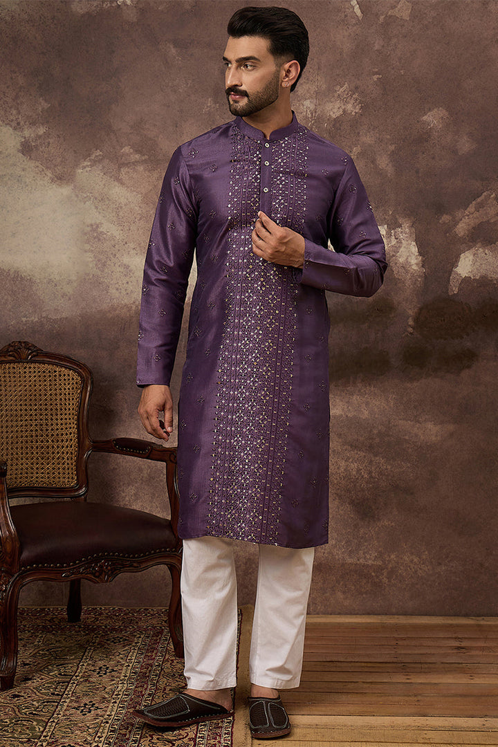 Purple Silk Solid Embroidered Straight Kurta  | SHOBITAM