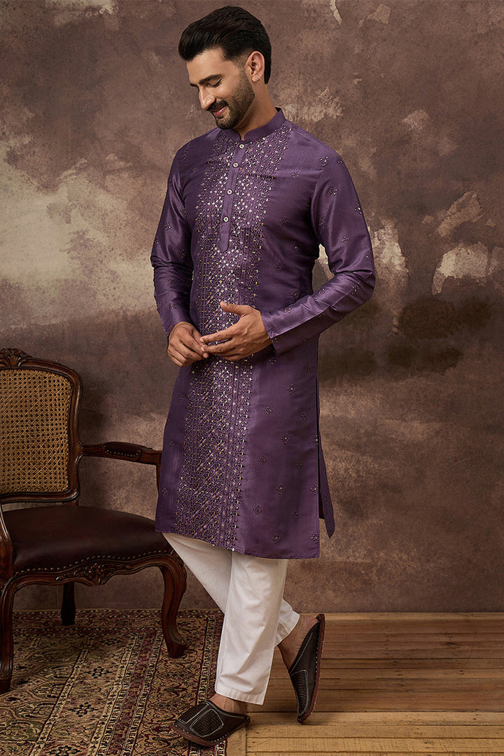 Purple Silk Solid Embroidered Straight Kurta  | SHOBITAM