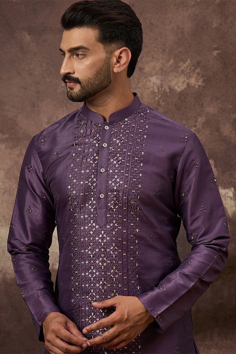 Purple Silk Solid Embroidered Straight Kurta  | SHOBITAM