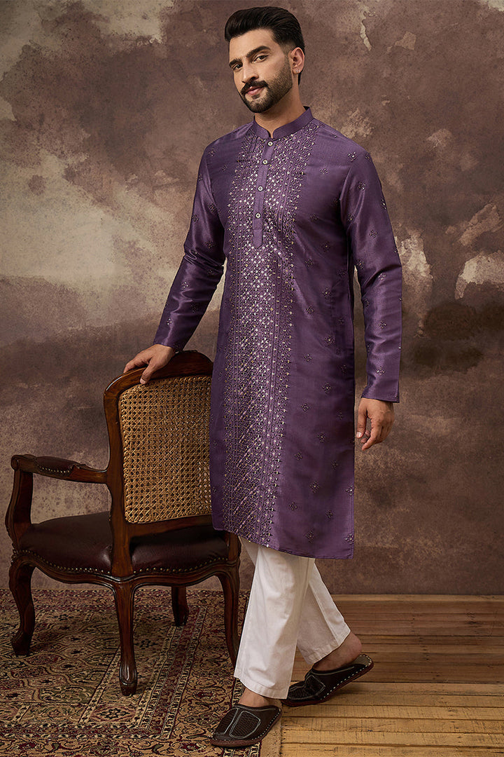 Purple Silk Solid Embroidered Straight Kurta  | SHOBITAM