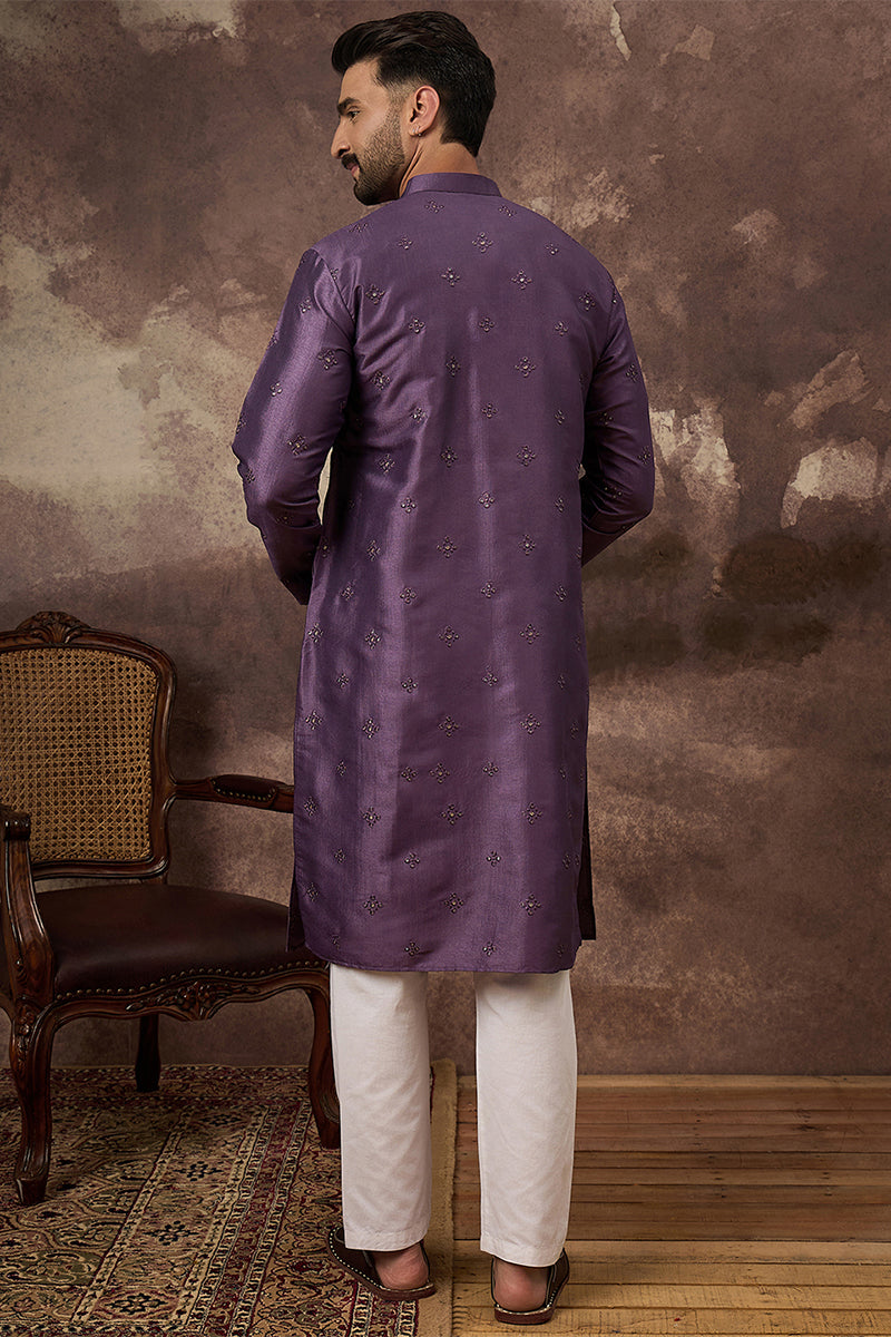 Purple Silk Solid Embroidered Straight Kurta  | SHOBITAM