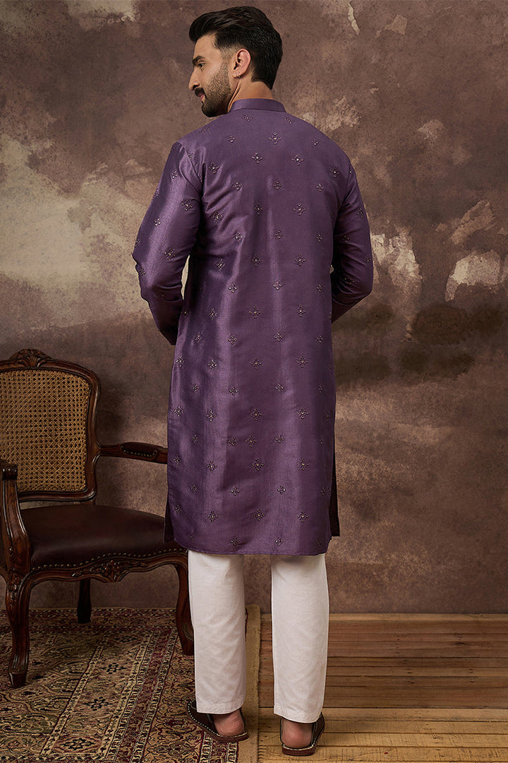 Purple Silk Solid Embroidered Straight Kurta  | SHOBITAM