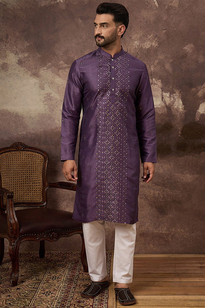 Purple Silk Solid Embroidered Straight Kurta  | SHOBITAM