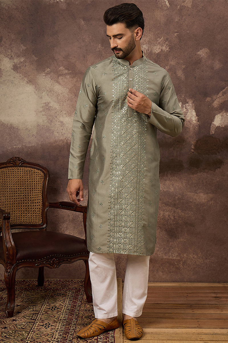 Green Silk Solid Embroidered Straight Kurta | SHOBITAM