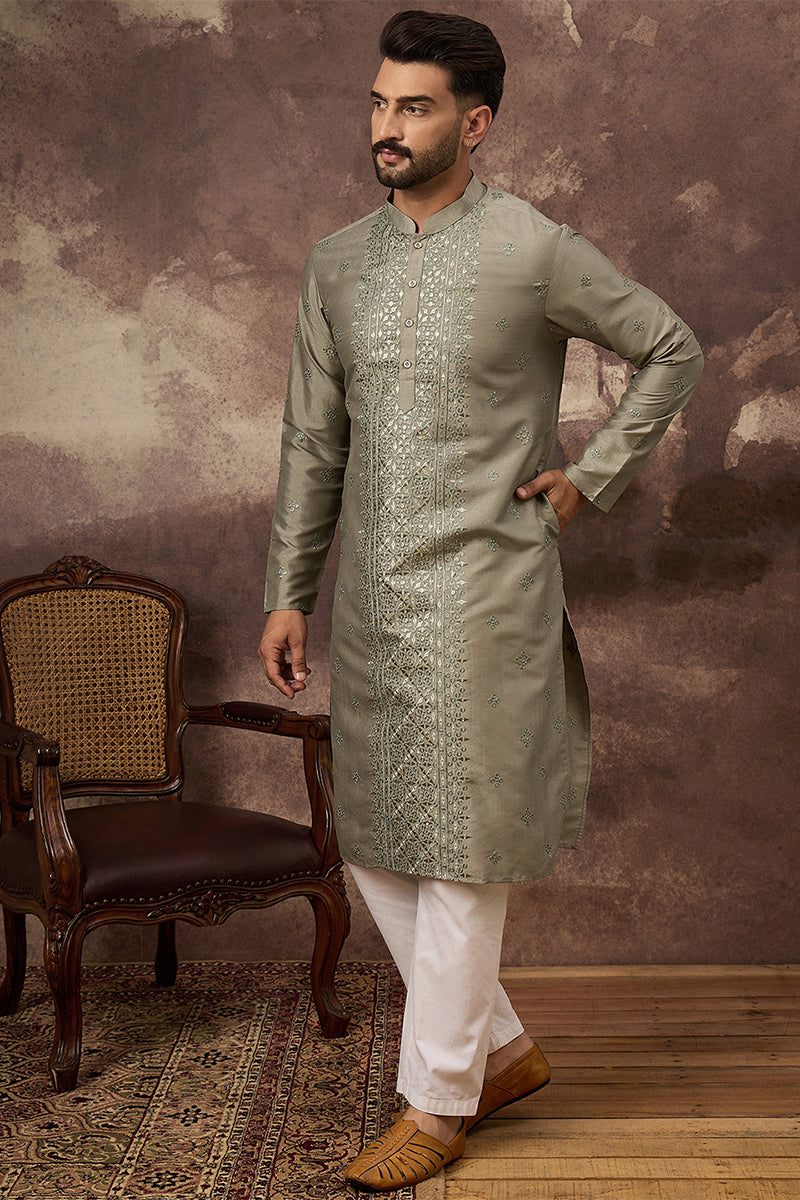 Green Silk Solid Embroidered Straight Kurta | SHOBITAM