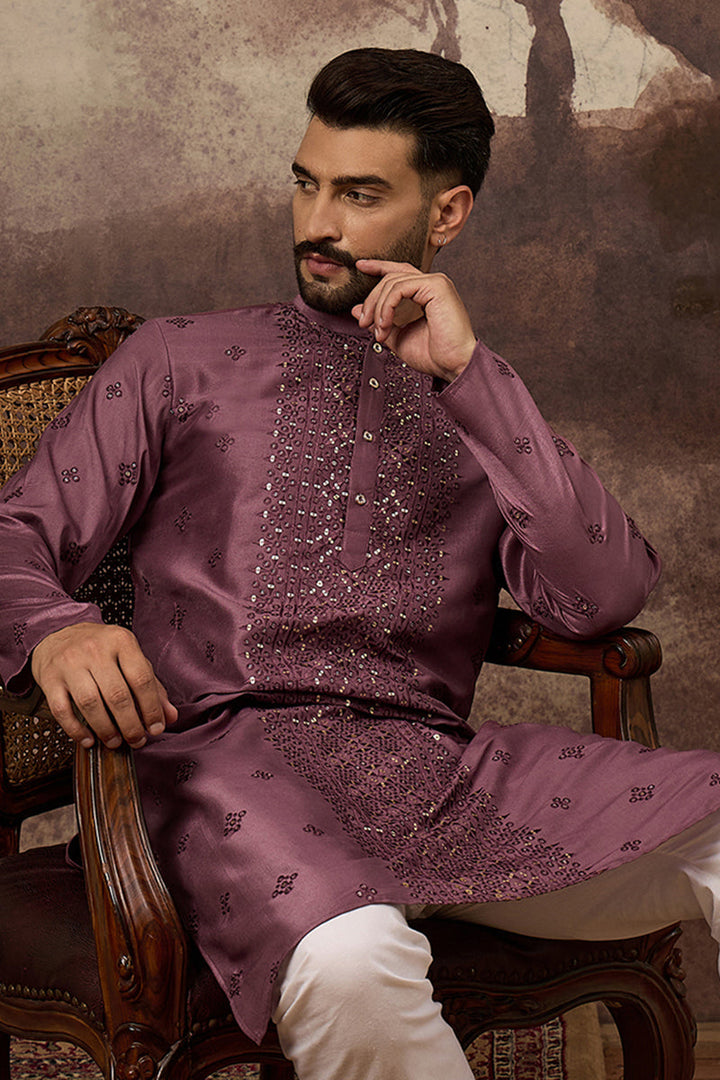 Mauve Silk Blend Solid Embroidered Straight Kurta | SHOBITAM