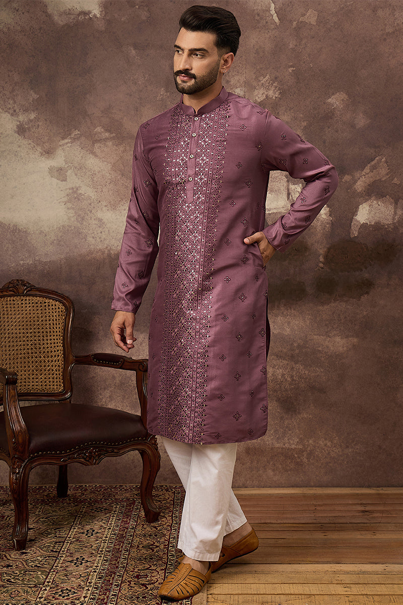 Mauve Silk Blend Solid Embroidered Straight Kurta | SHOBITAM