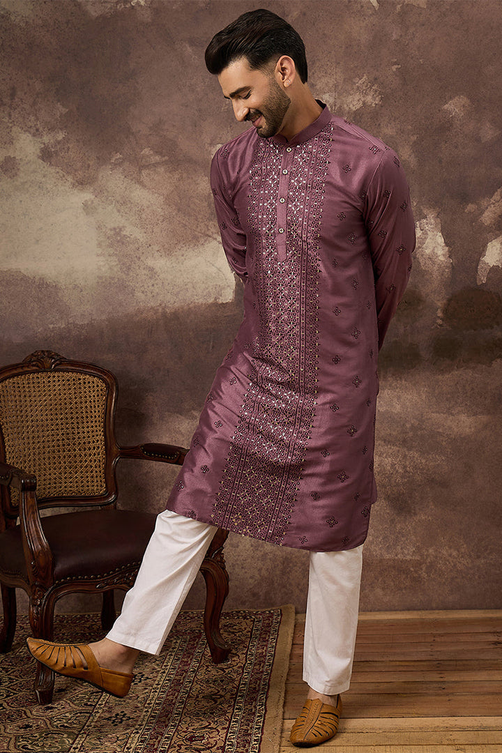 Mauve Silk Blend Solid Embroidered Straight Kurta | SHOBITAM