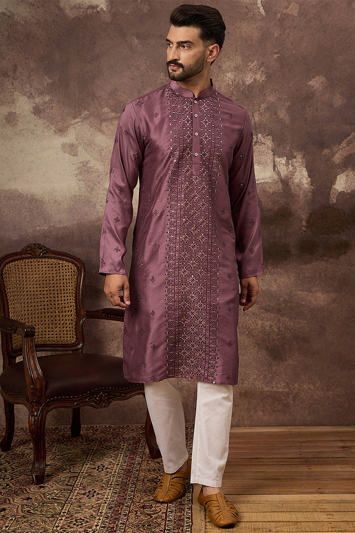 Mauve Silk Blend Solid Embroidered Straight Kurta | SHOBITAM