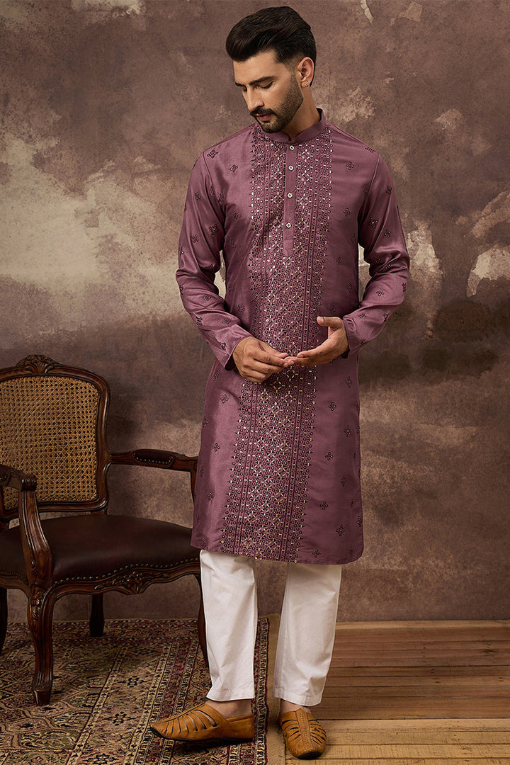 Mauve Silk Blend Solid Embroidered Straight Kurta | SHOBITAM