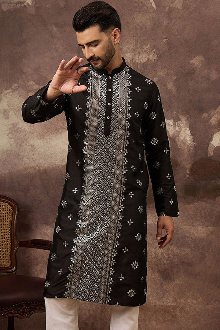 Black Silk Blend Solid Embroidered Straight Kurta | SHOBITAM