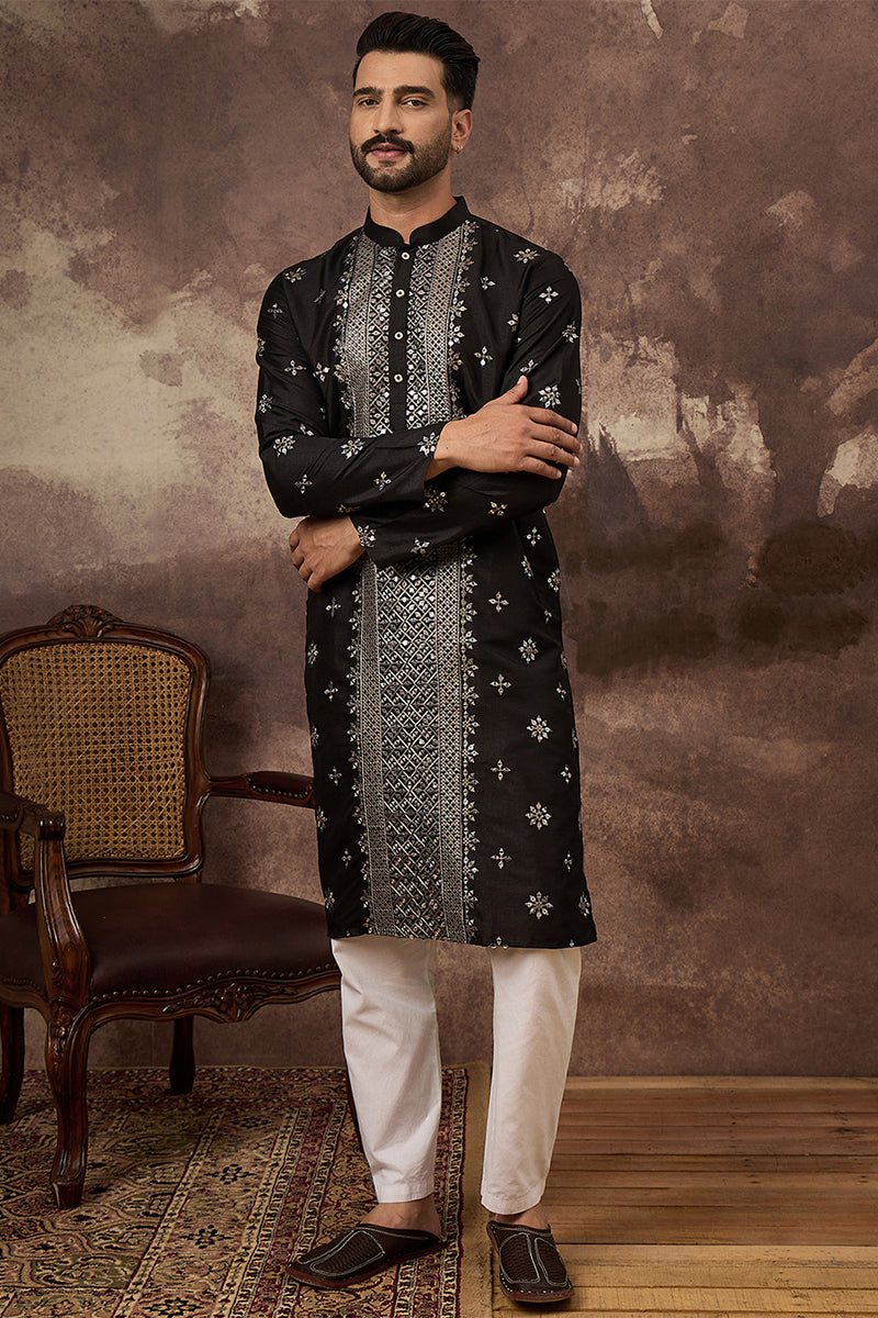Black Silk Blend Solid Embroidered Straight Kurta | SHOBITAM