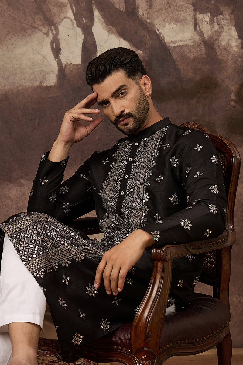 Black Silk Blend Solid Embroidered Straight Kurta With Pant Set | SHOBITAM