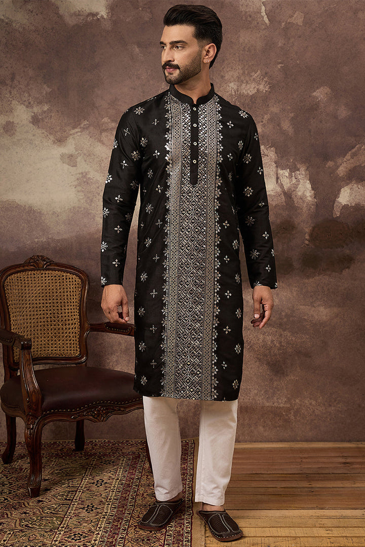 Black Silk Blend Solid Embroidered Straight Kurta With Pant Set | SHOBITAM