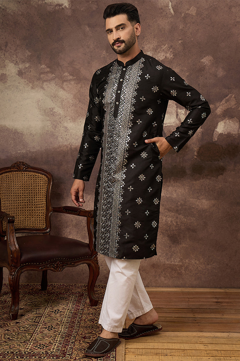 Black Silk Blend Solid Embroidered Straight Kurta With Pant Set | SHOBITAM