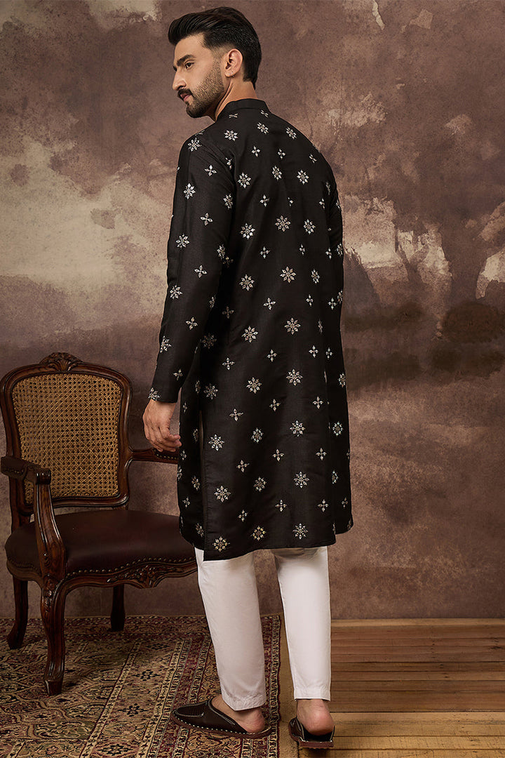 Black Silk Blend Solid Embroidered Straight Kurta With Pant Set | SHOBITAM