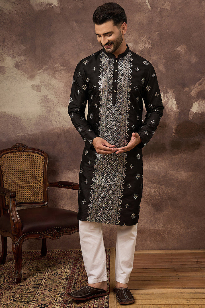 Black Silk Blend Solid Embroidered Straight Kurta With Pant Set | SHOBITAM