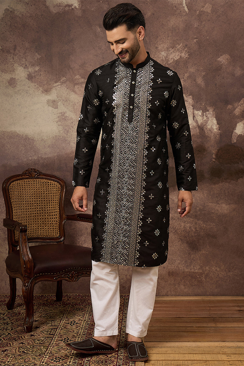 Black Silk Blend Solid Embroidered Straight Kurta With Pant Set | SHOBITAM